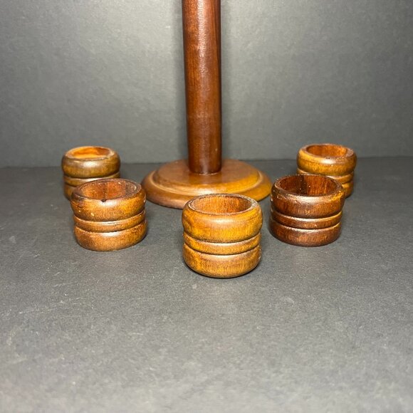 Vintage Retro Price Import Set of 5 Wooden Napkin Holder Rings & Stand 9.75" - Picture 3 of 8